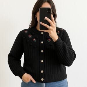 Black Floral Embroidered Cardigan Pom Pom Vintage Cottagecore Academia Medium